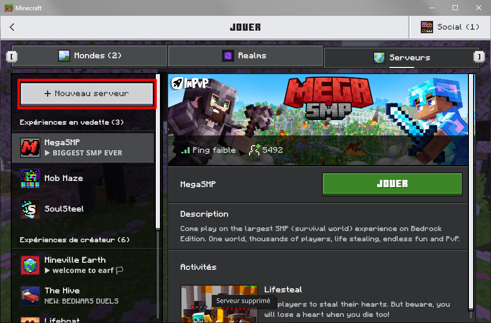 Menu des serveurs de Minecraft