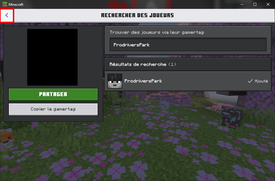Menu de recherche de gamertag de Minecraft avec ami ajouté